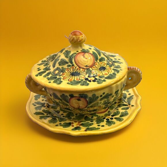 Deruta Earthenware Yellow Cream Soup Cup & Saucer - Picture 1 of 15